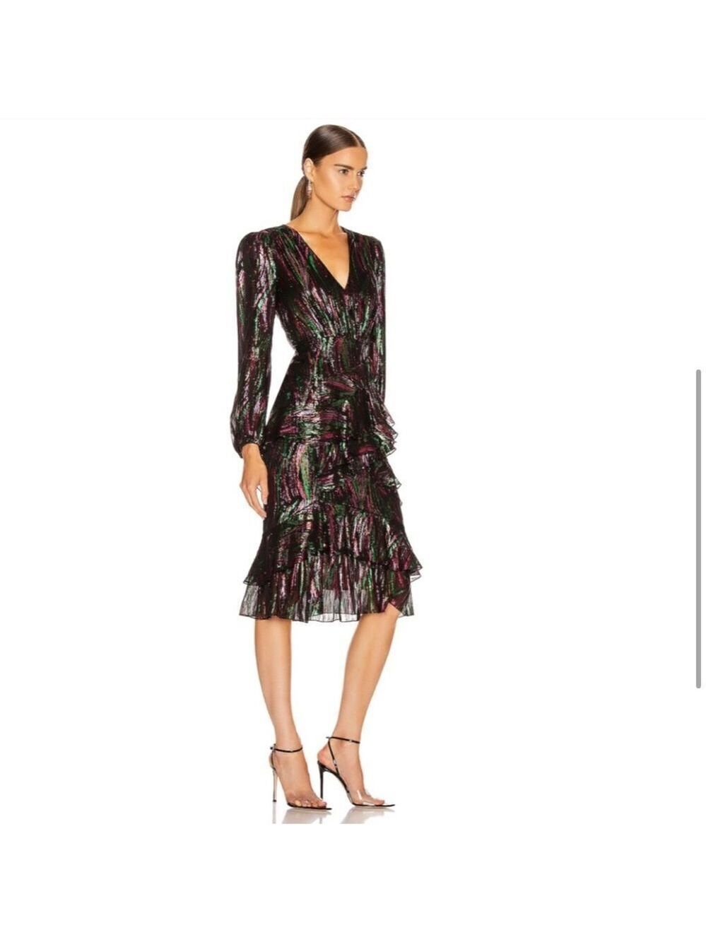 NEW Saloni Alya Black Rainbow Oilspill Silk Metallic Midi Dress Size 4 - Picture 4 of 16